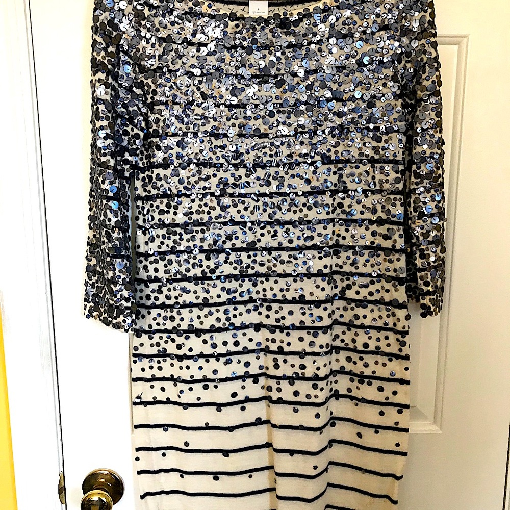 J crew sequined navy and cream wool dress.